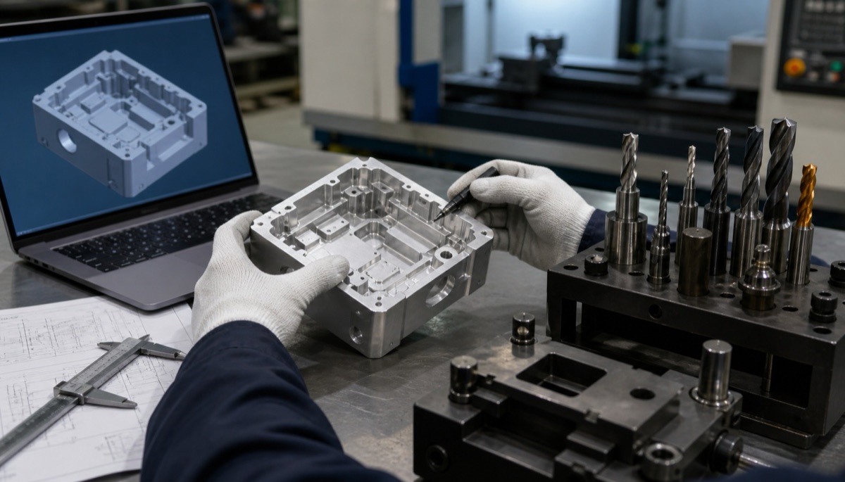 Engineer reviewing CAD model and tools for CNC programming cost