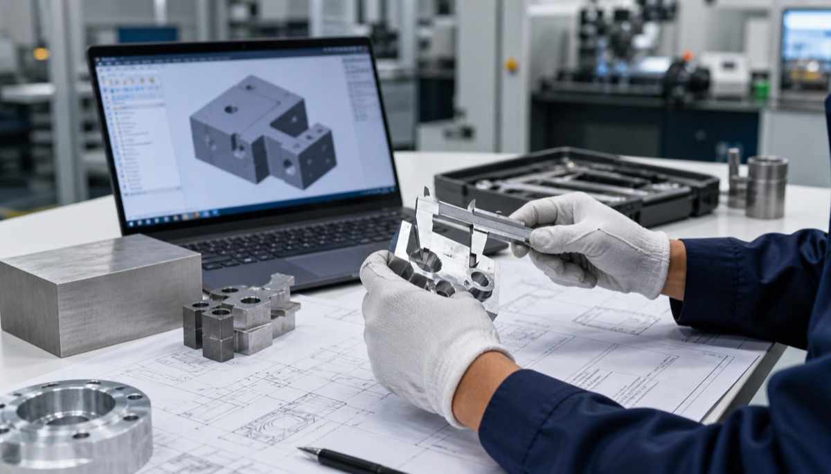 Engineer reviewing 3D model and 2D drawing for a custom CNC quote