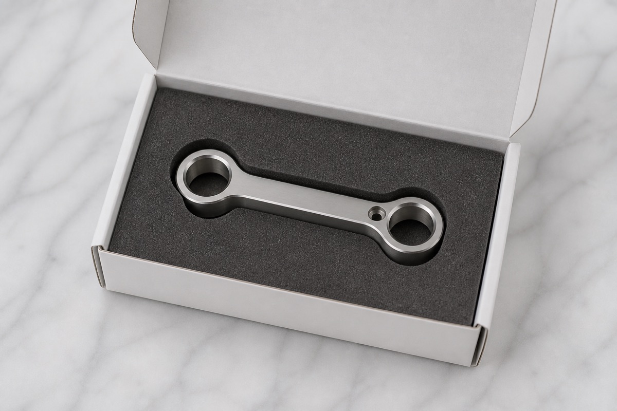 Form-fit foam packaging for a polished TC4 titanium short ankle link