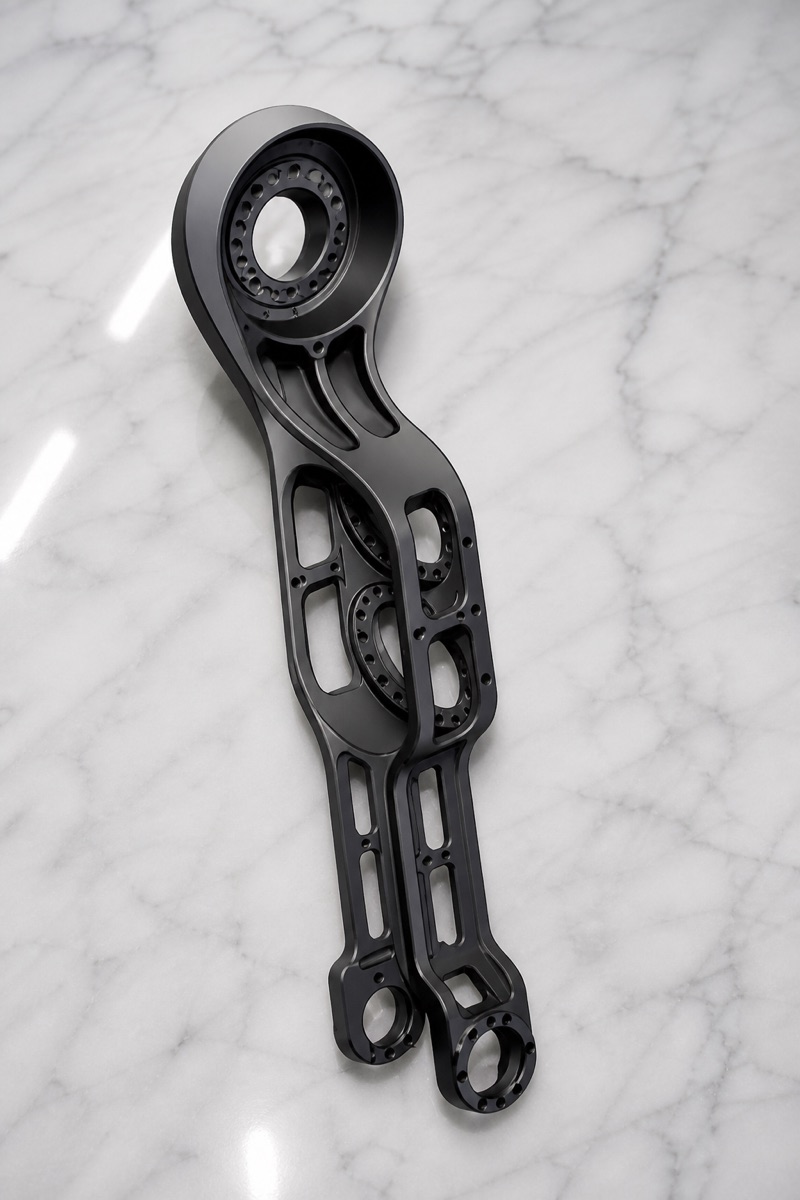 6061 black anodized humanoid robot shank bracket with long arm structure and lightweight windows