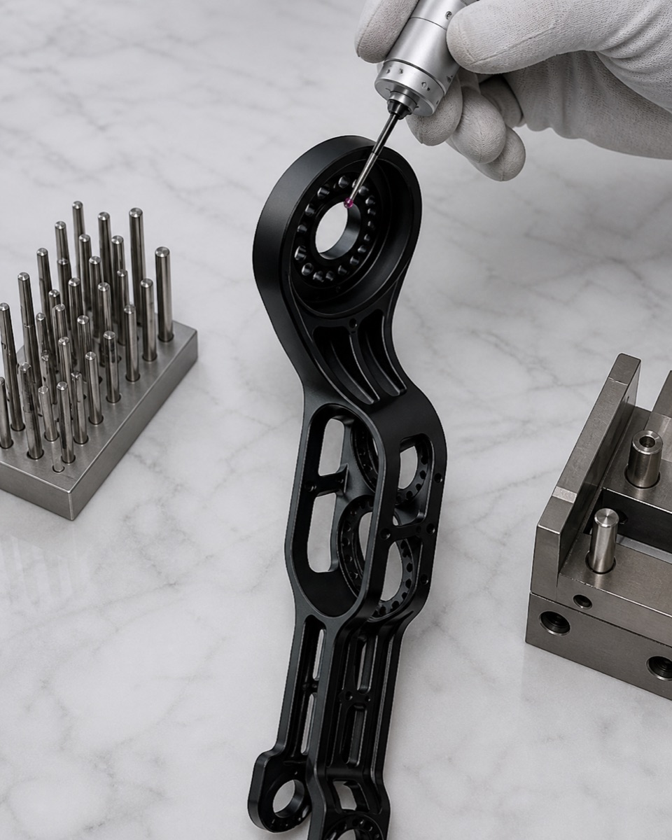 Inspection of large bore, hole pattern and long-arm datum relationship on a shank bracket