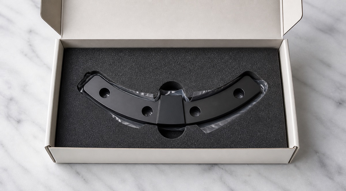 Form-fit foam packaging for a black anodized zero stop block