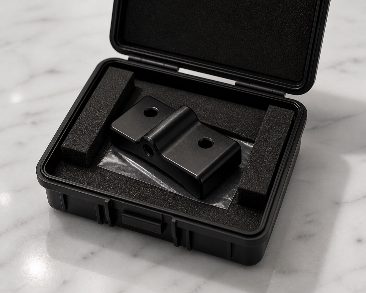 Protective packaging for black anodized humanoid robot shank zero block