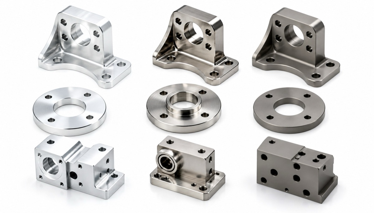 Precision machined parts showing aluminum, stainless steel, titanium and engineering plastic options