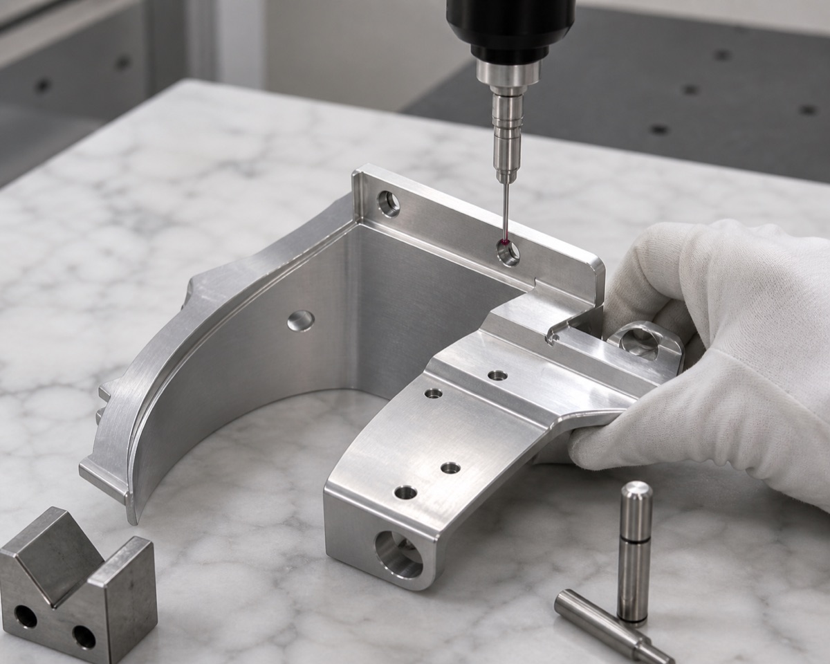 Inspection of mounting-ear holes, curved profile and step datum on robot arm joint fixed flange