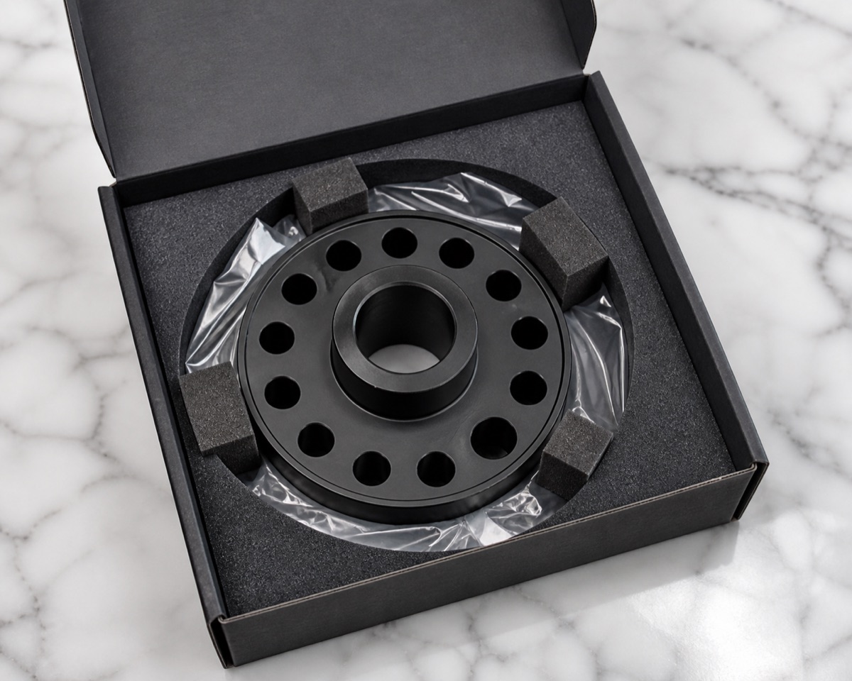 Protective foam packaging for black anodized disc ankle swing arm