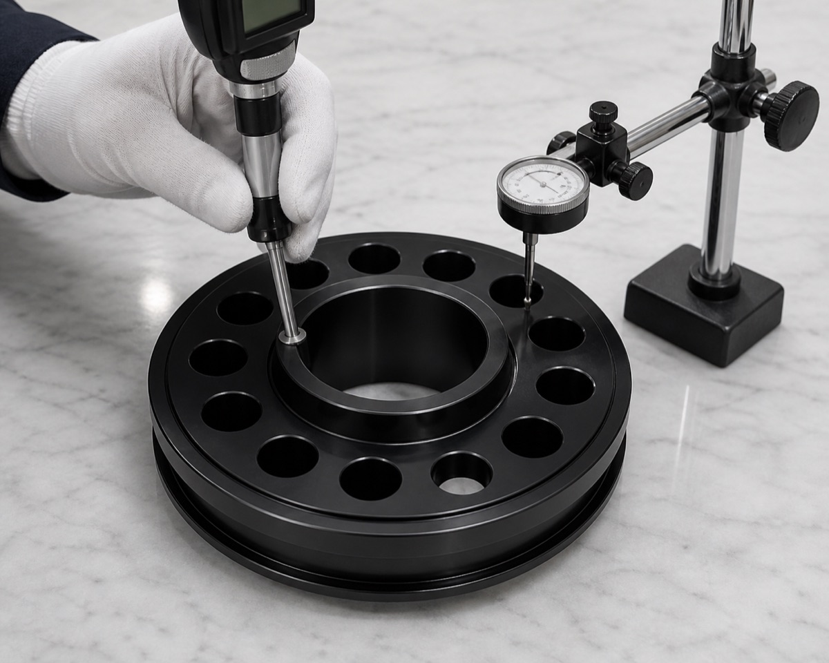 Inspection of center bore, circular hole array and face runout on black anodized ankle swing arm