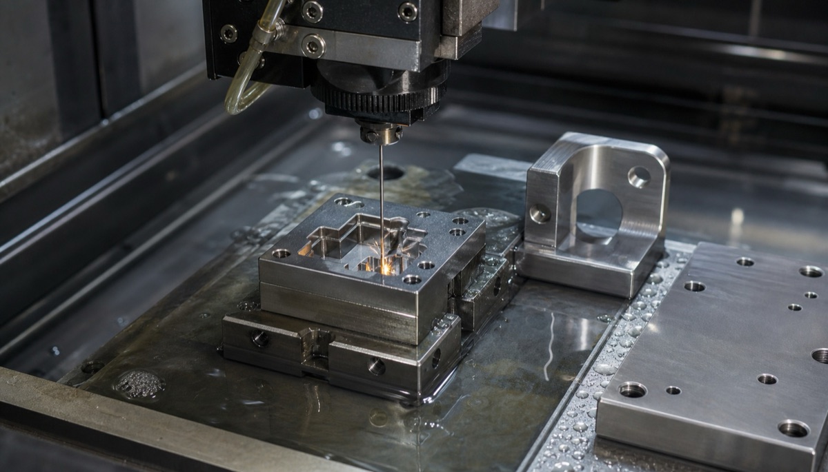 CNC machining setup for a precision mechanical component with special features