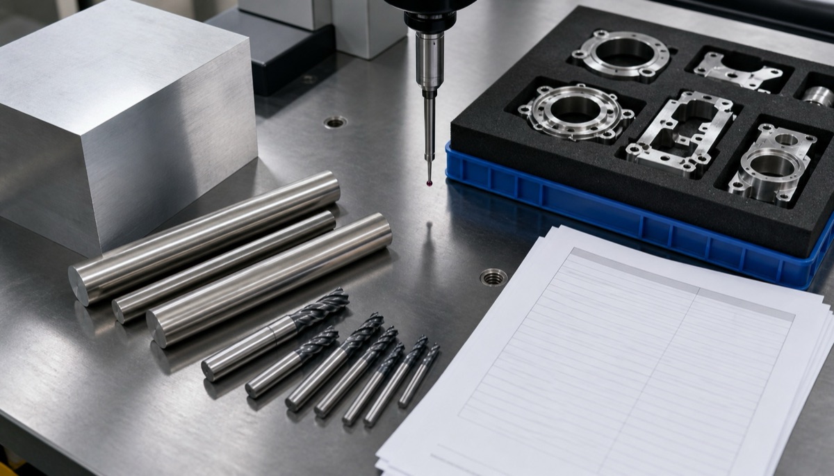 Material blanks tools and CNC machined parts arranged for cost review