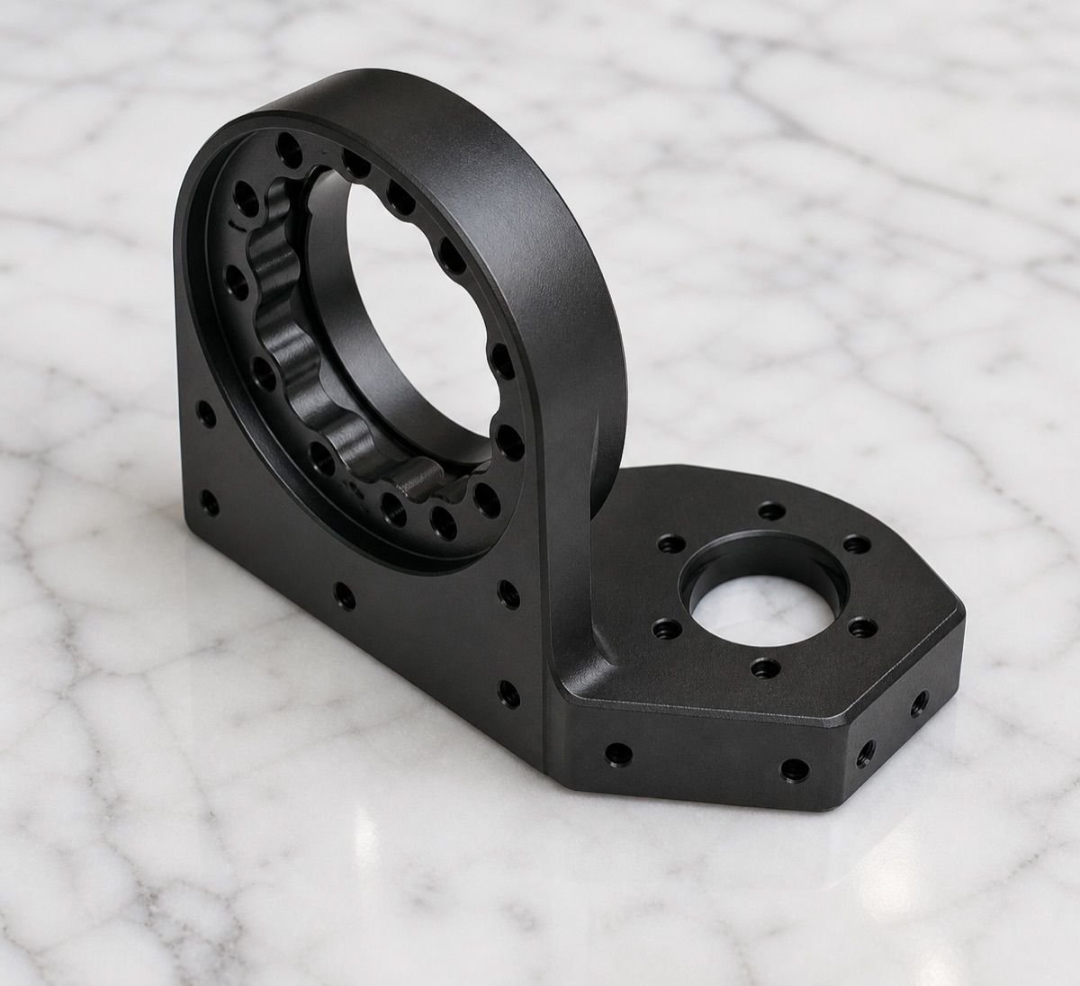 6061-T6 black anodized humanoid robot thigh adapter with vertical ring and base hole pattern