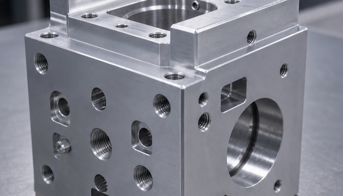 Precision CNC machined block with many holes and datum features