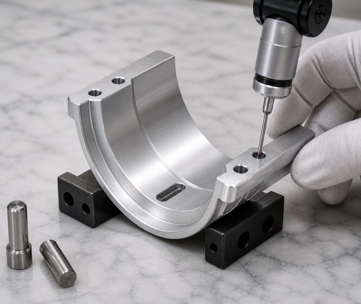 Inspection of inner arc surface lug holes and bottom slot on a half-ring robot arm flange