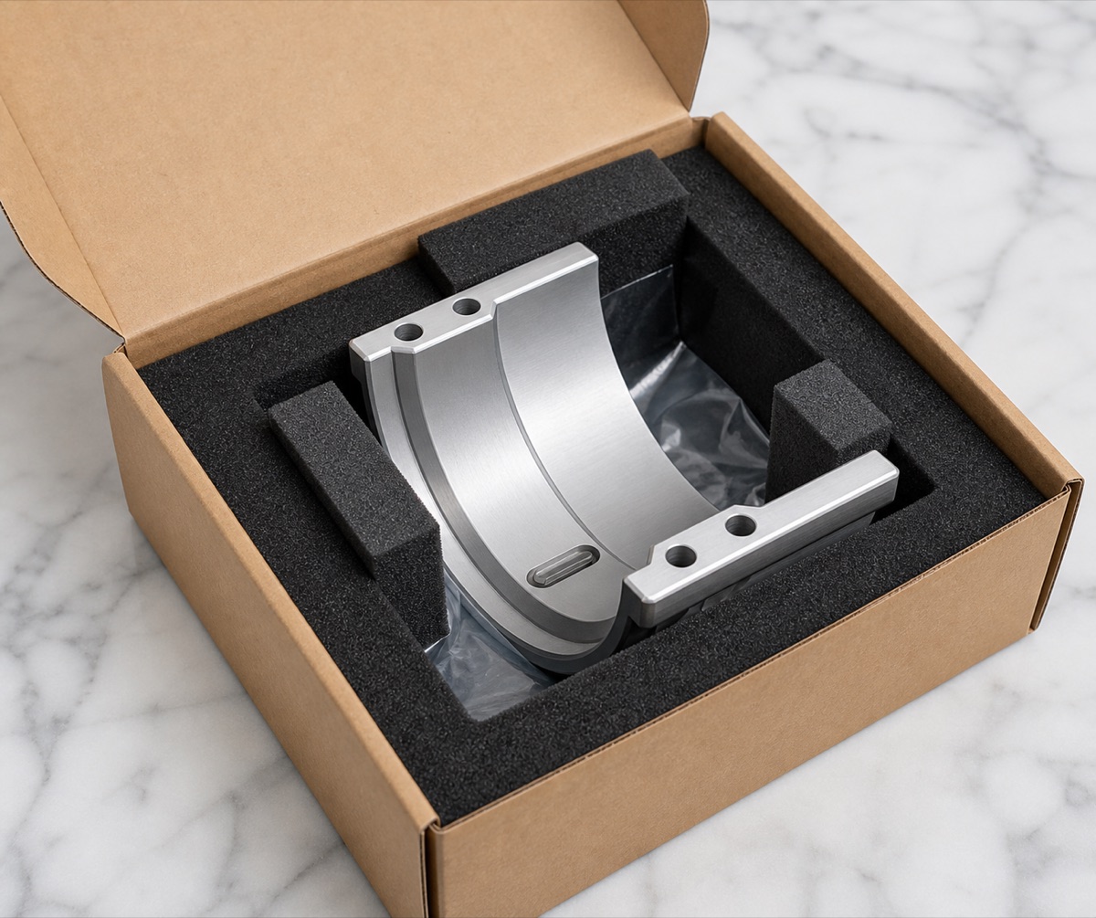Protected foam packaging for a 6061-T6 robot arm half-ring fixed flange