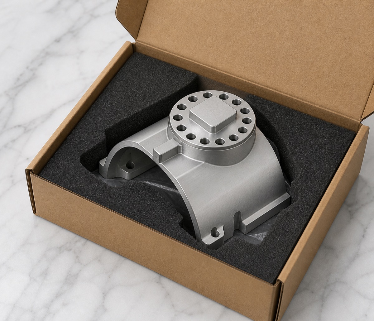 Form-fit protective packaging for a 6061-T6 round-boss robot arm fixed flange