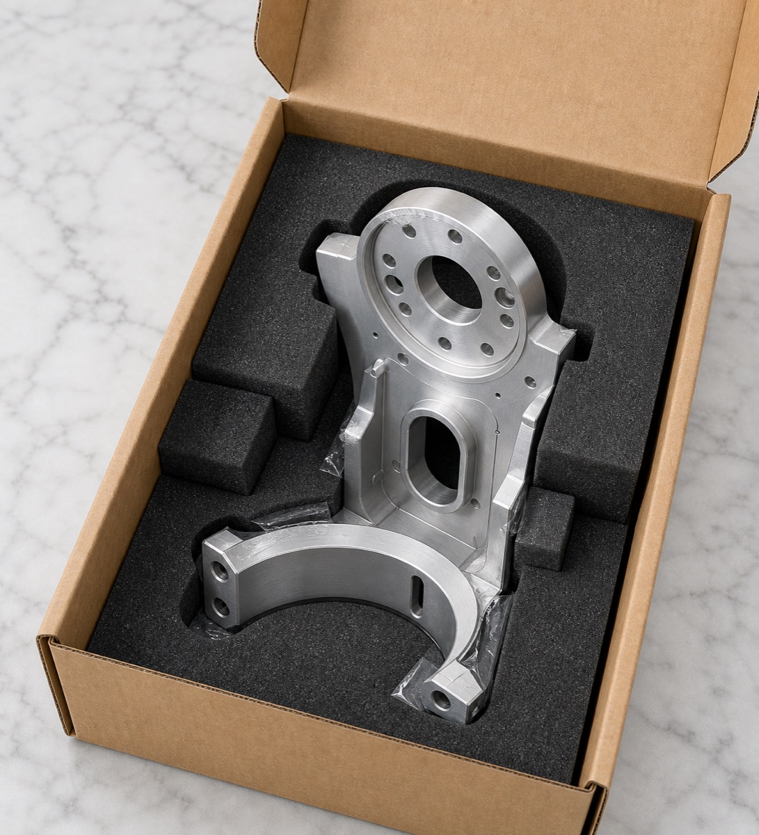 Protected foam packaging for a 6061-T6 vertical fixed flange with ring and arc seat