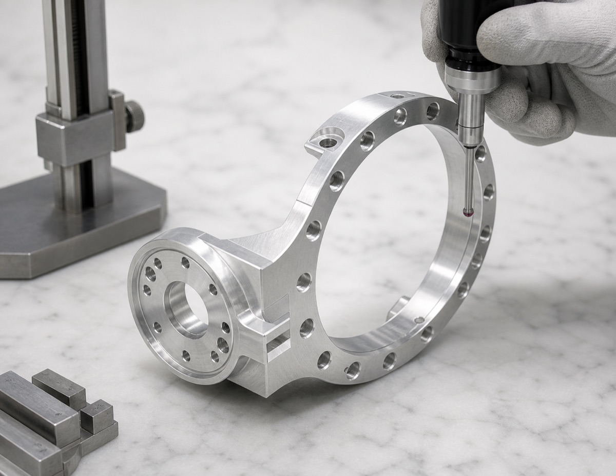 Inspection of dual hole-pattern relationship on an AL6061-T6 robot arm side-lug fixed flange