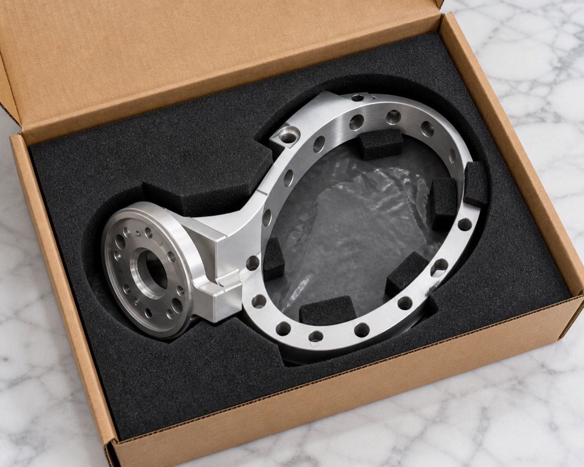 Foam packaging for an AL6061-T6 robot arm side-lug fixed flange
