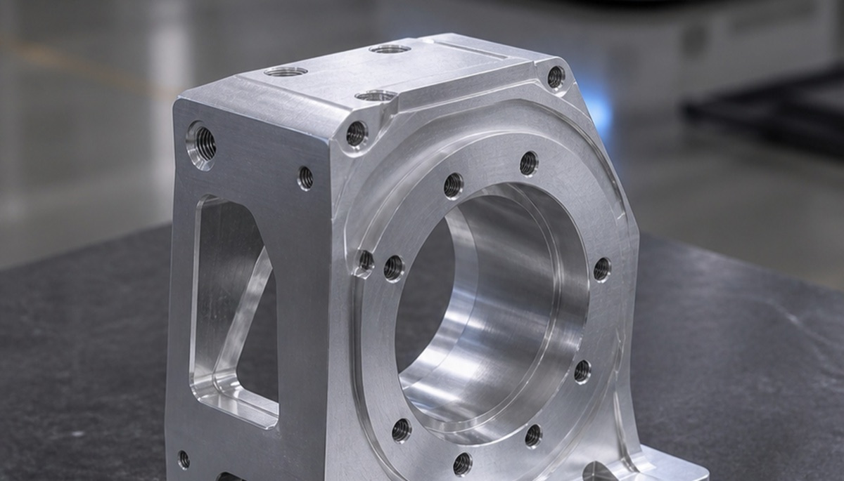 CNC machined aluminum optical instrument bracket with bore and window features