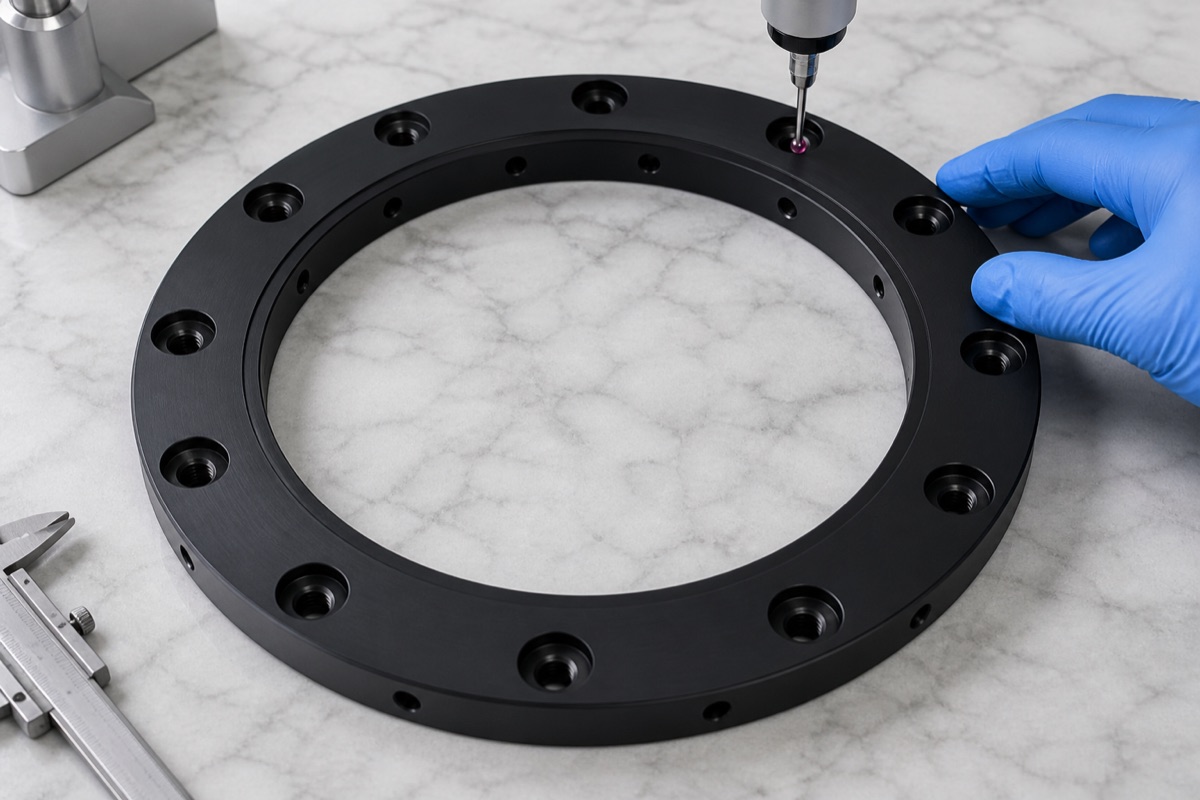 Inspection of bore concentricity end face step and hole pattern on a black anodized robot fixed ring