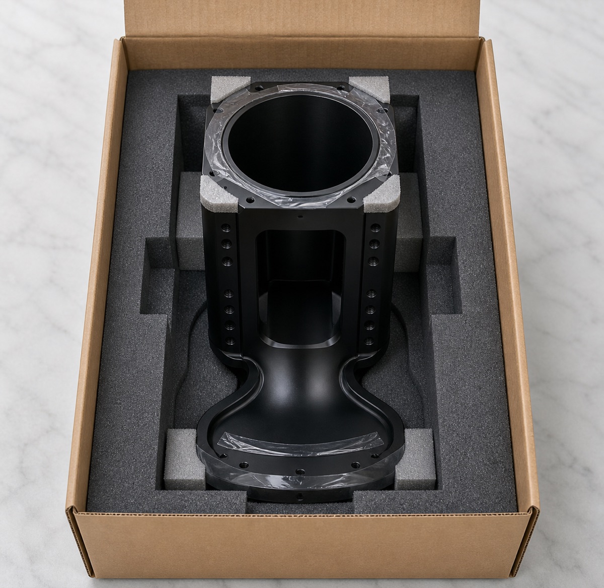 Foam packaging for a black anodized robot second-axis module seat