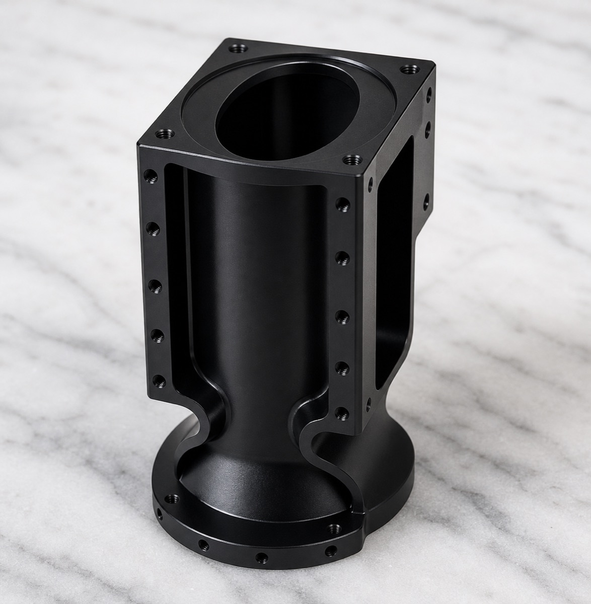 6061 black anodized robot second-axis module seat with vertical bore and side windows