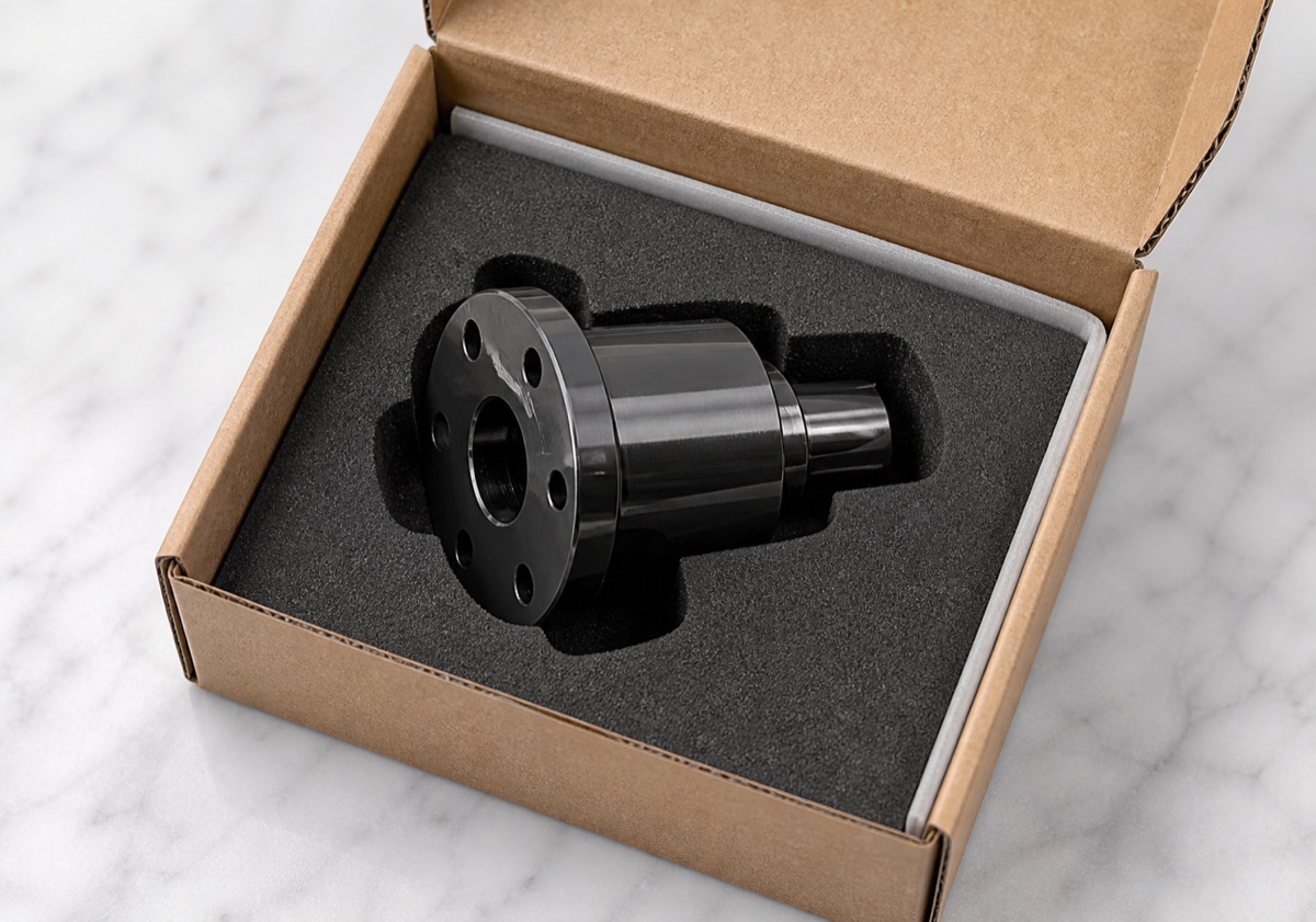 Foam packaging for a black treated SUS304 robot precision pin shaft
