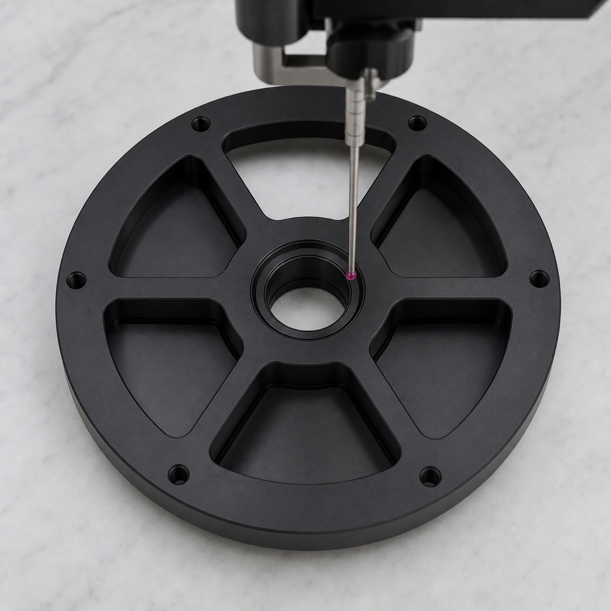 Inspection of bearing seat, hole pattern angle and lightening-slot edges on a robot flange