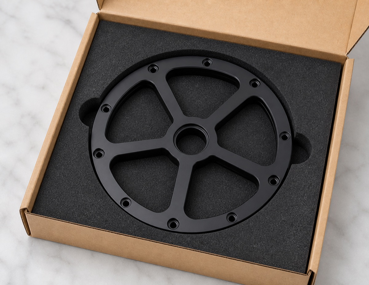 Custom foam packaging for a black anodized thin disk robot bearing flange