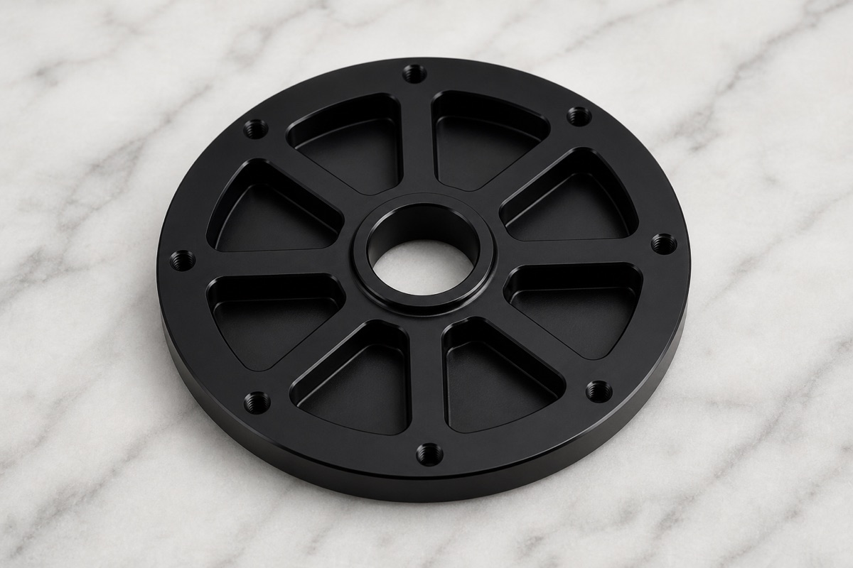 6061 black anodized robot second-axis bearing flange with center bore, lightening windows and outer hole pattern