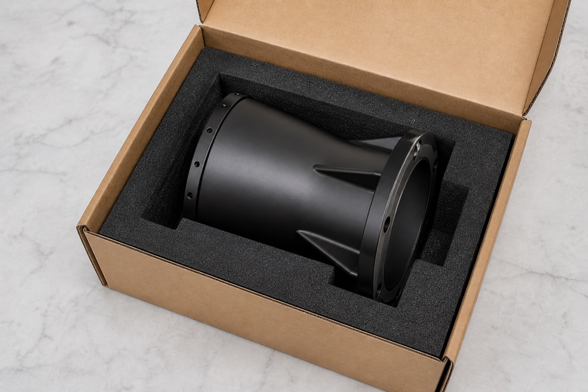Protected foam packaging for a black anodized robot seventh-axis base