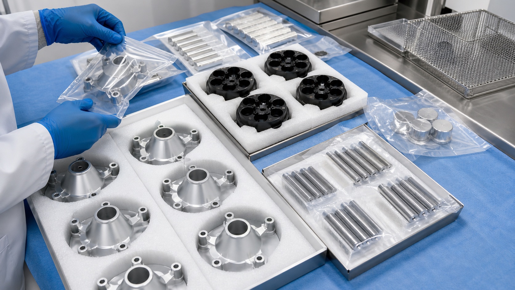 Clean packaging for centrifuge components before medical equipment assembly
