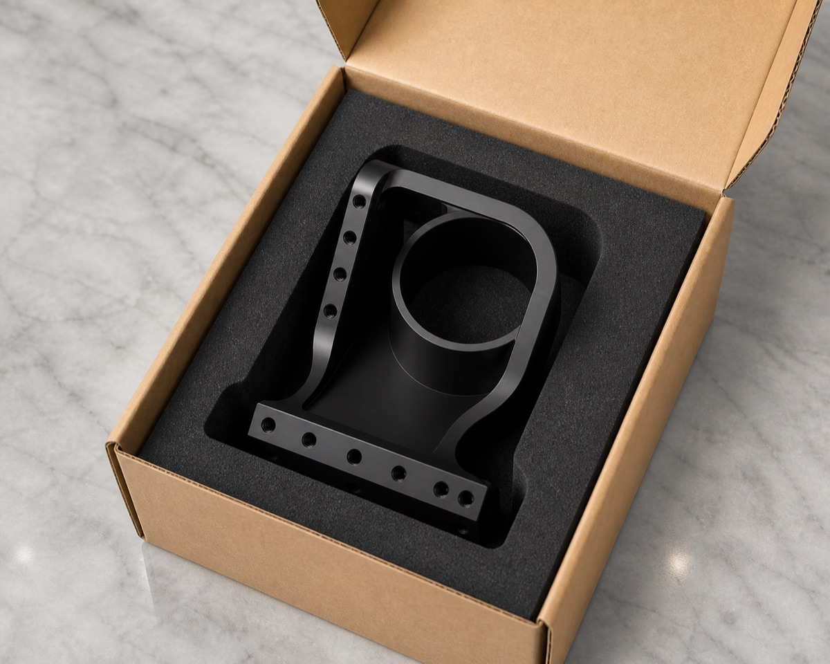Form-fit foam packaging for a black anodized robot fourth-axis module seat