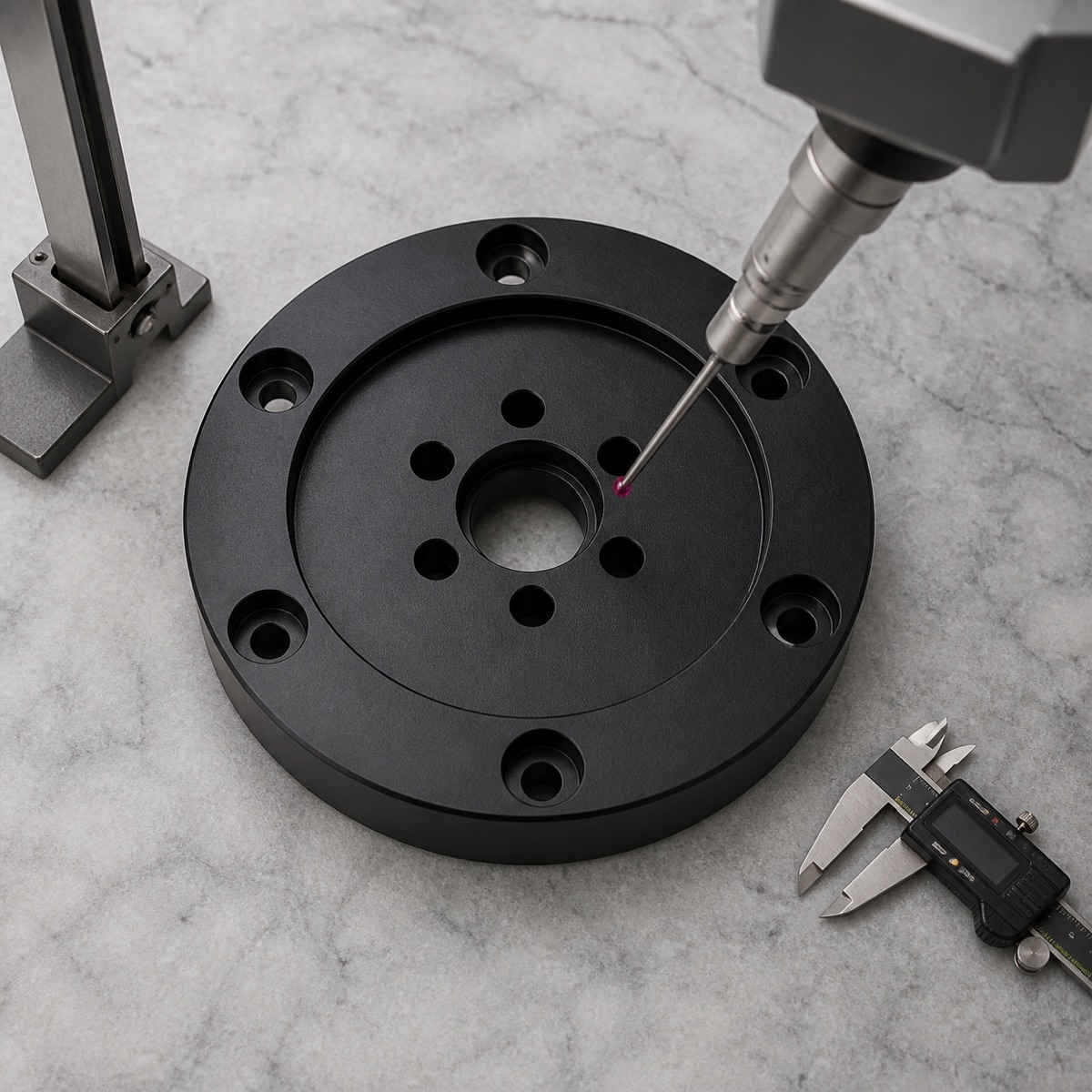 Inspection of a robot third-axis connection flange central datum, outer hole pattern and end-face step