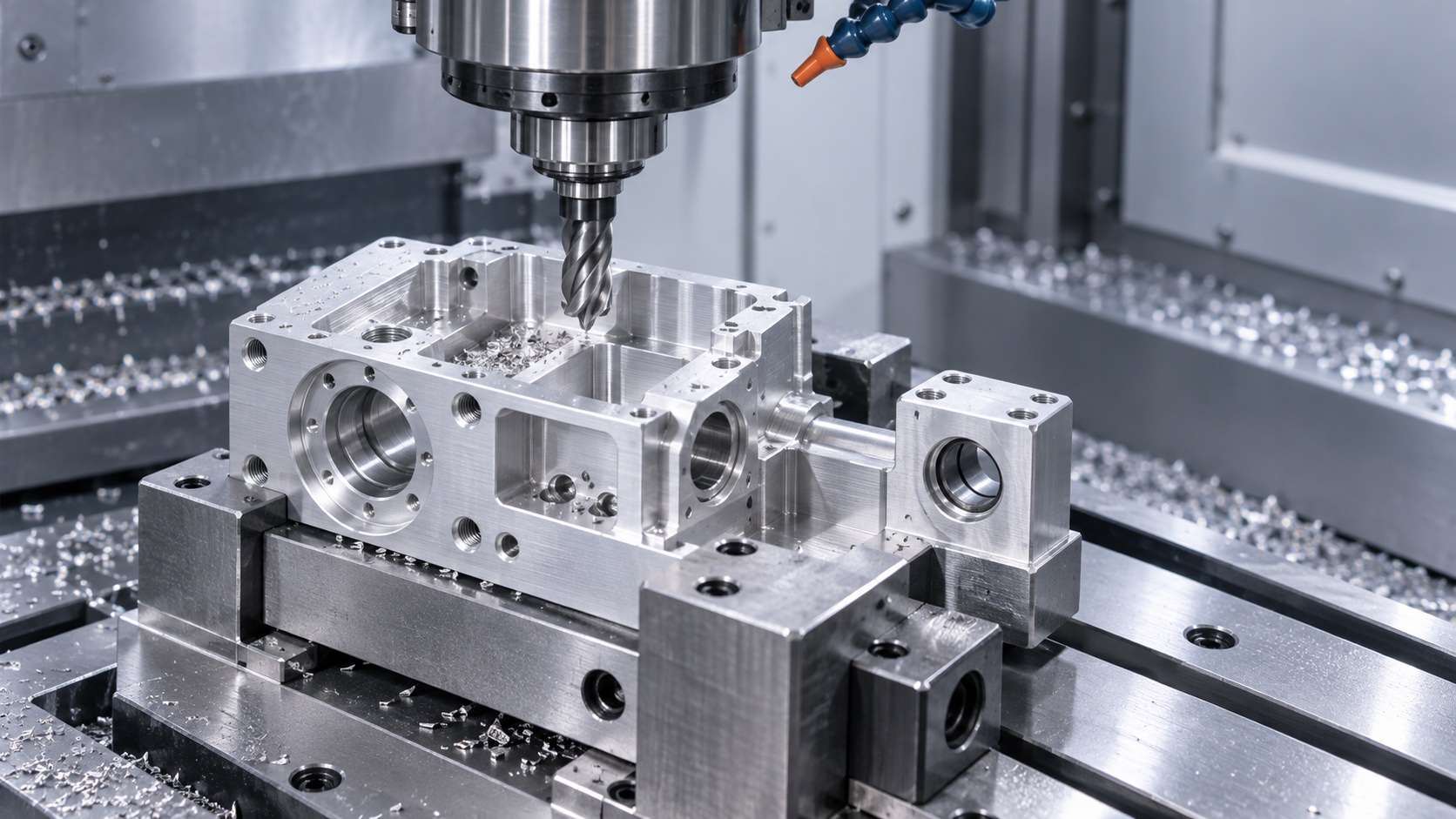 Machining bearing bores and lead screw alignment pockets in a pump gearbox housing