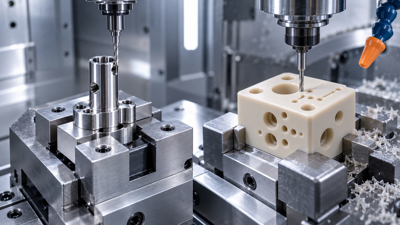 Machining 316L sample probe holders and PEEK reagent valve blocks