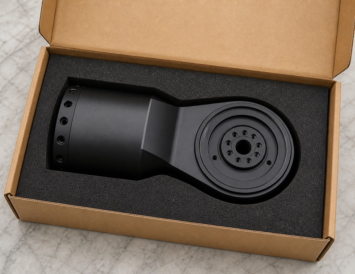 Custom foam packaging for a black anodized long robot module seat
