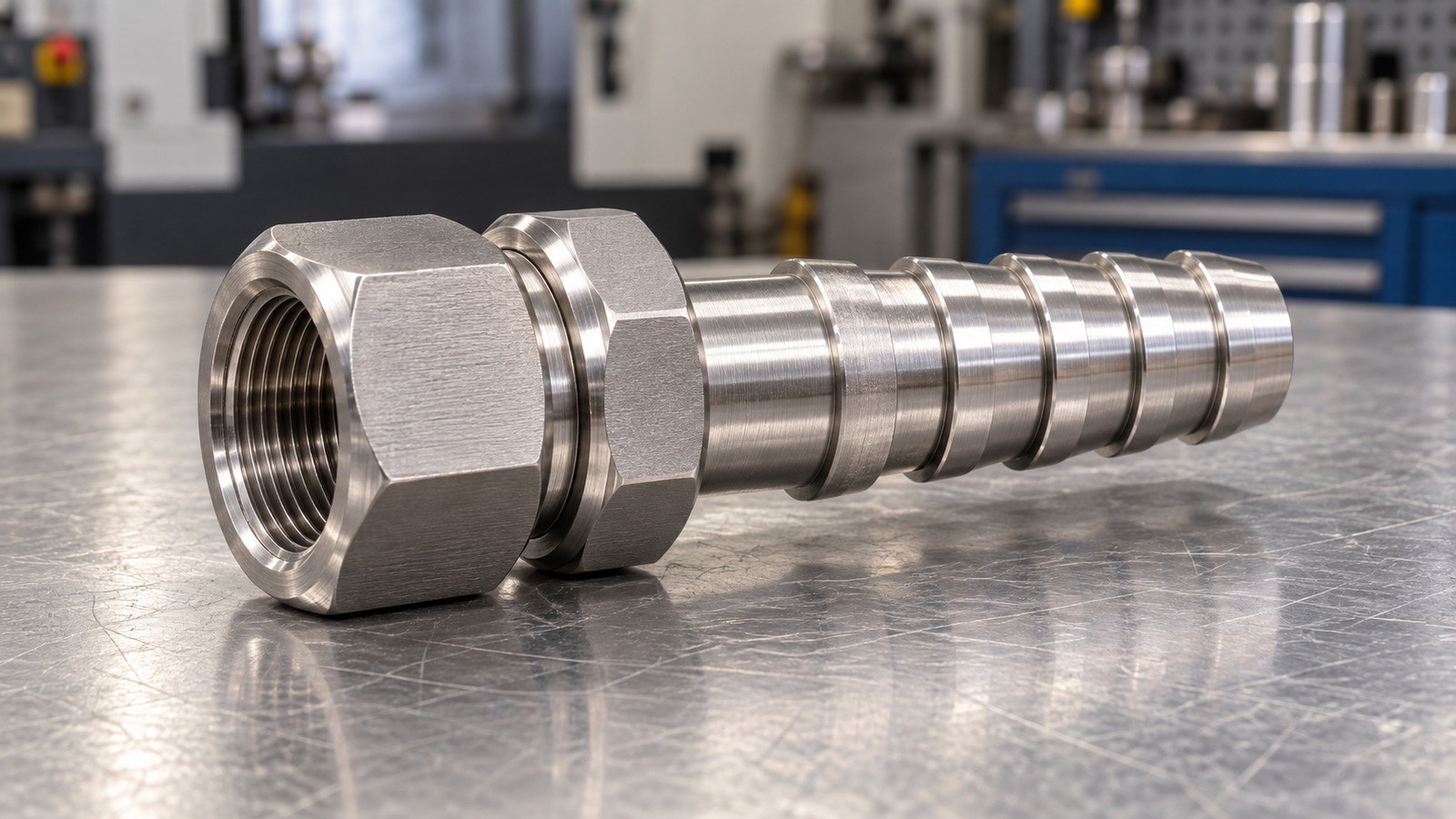 Drawing Review of a 1-Inch Female Compression-to-Hose-Barb Fitting for Custom Automation Assembly Equipment: Bore, Groove and Burr Control