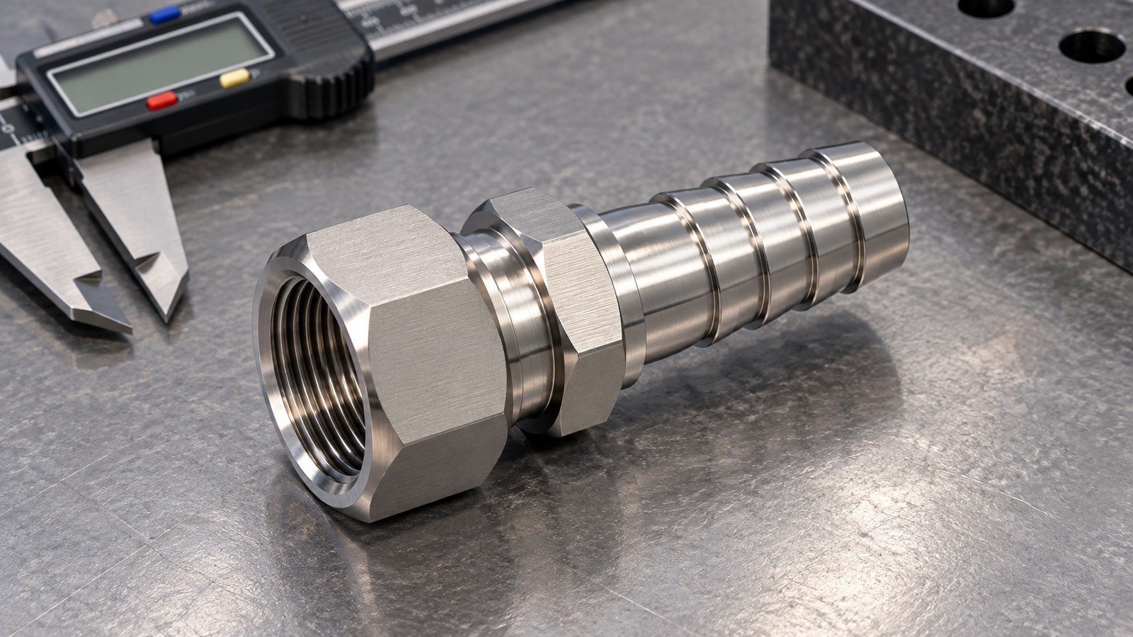 Drawing Review of a 1-Inch Female Compression-to-Hose-Barb Fitting for Custom Automation Assembly Equipment: Bore, Groove and Burr Control
