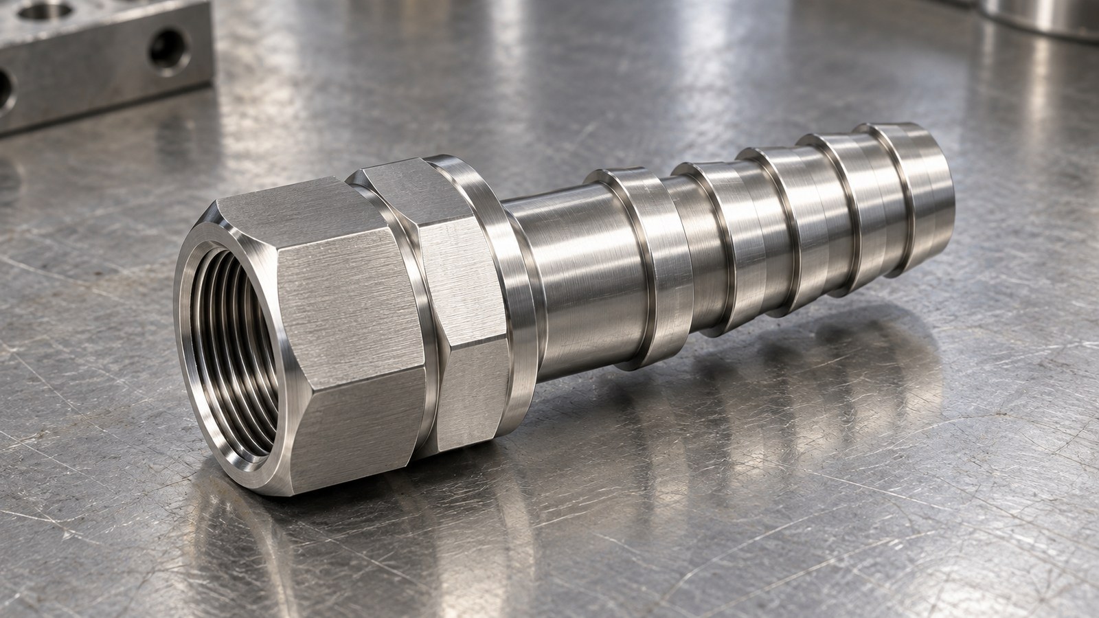 Drawing Review of a 1-Inch Female Compression-to-Hose-Barb Fitting for Custom Automation Assembly Equipment: Bore, Groove and Burr Control