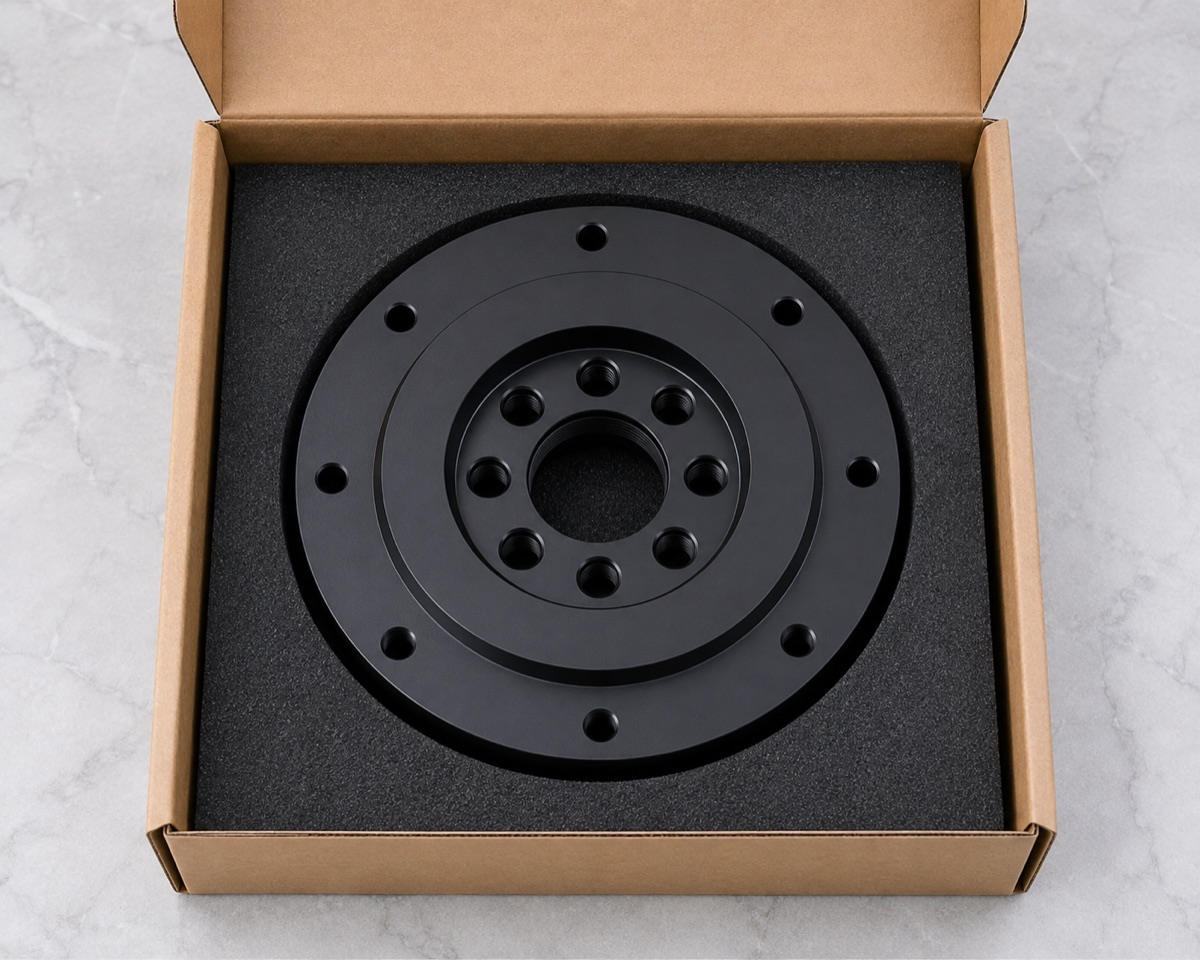 Single-part foam packaging for a black anodized robot flange