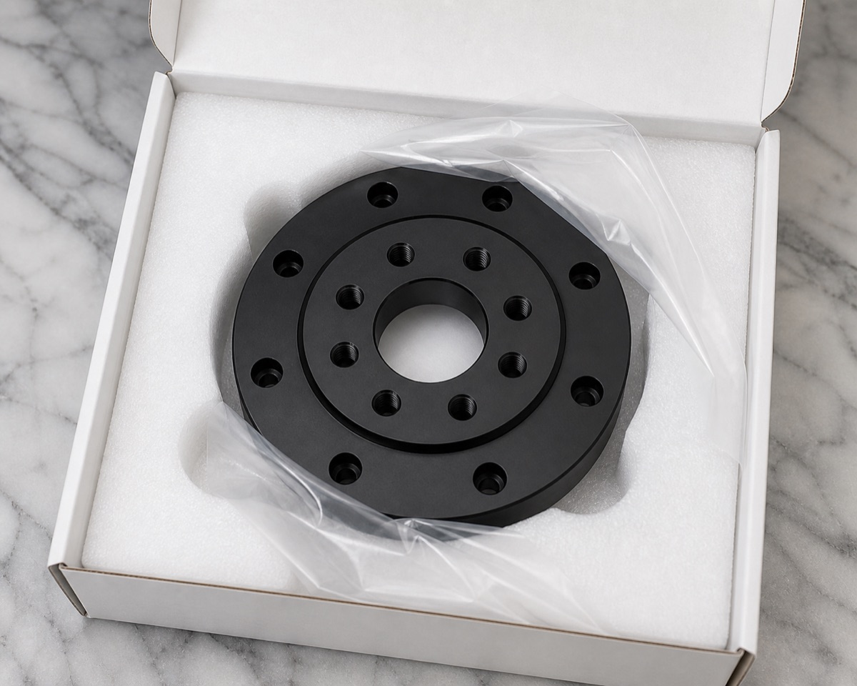 Foam packaging protecting the bores and anodized faces of a robot sensor flange